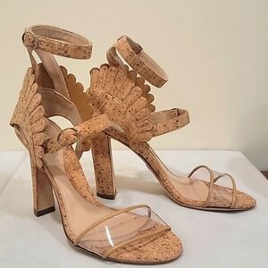 Paula Cademartori Tan Heels with Chunky Cork Heel and Straps